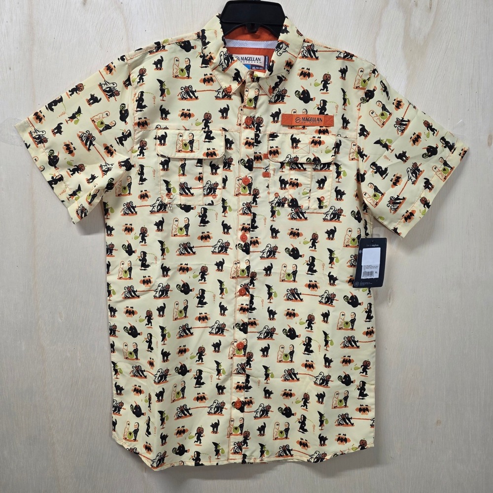 Magellan Outdoors Kids XL 18-20 Halloween Fishing Shirt Fish Gear Vented Cream